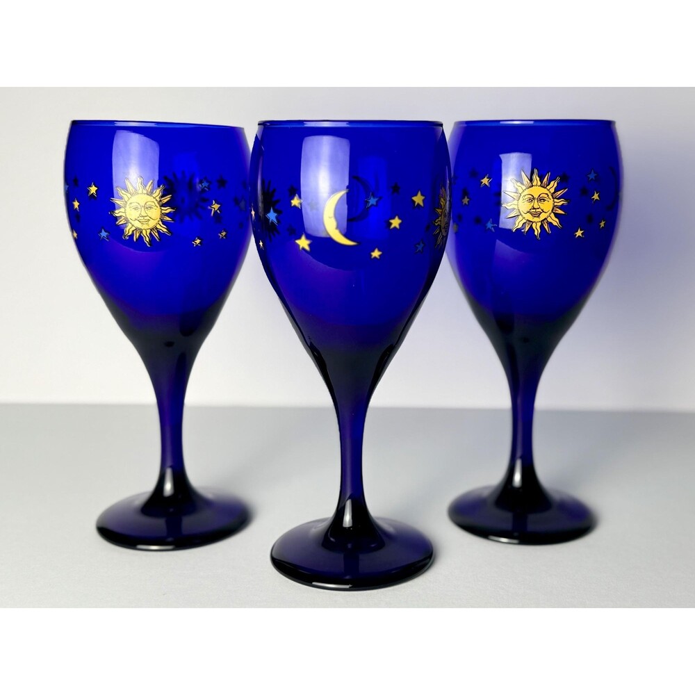 Vintage 90s Libbey Cobalt Blue Celestial Wine Glasses Set of 3 Barware